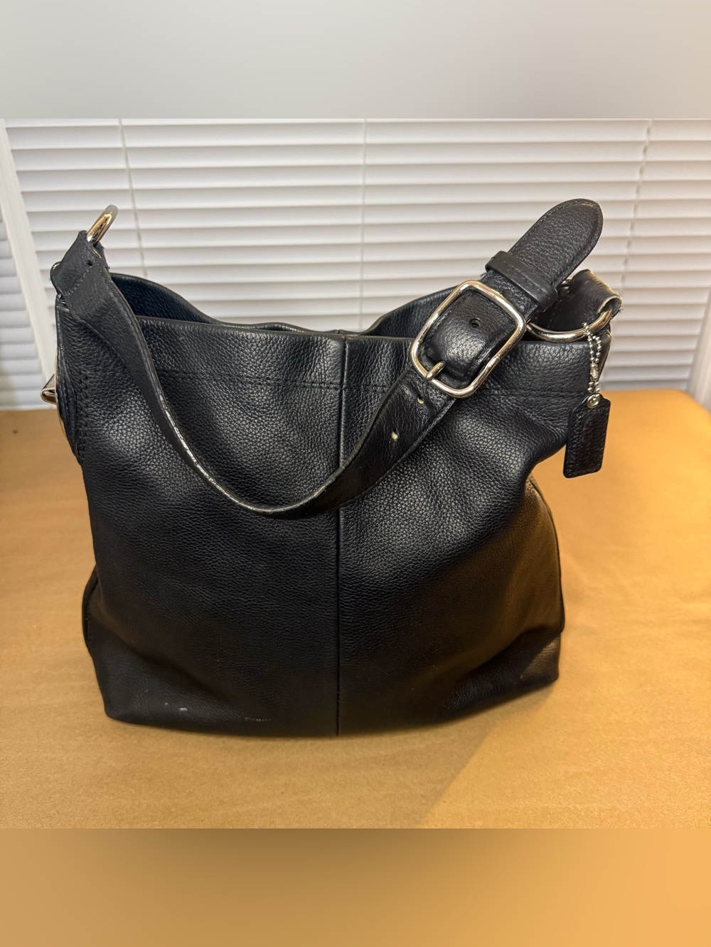 Coach Black Pebbled Leather Shoulder Bag with Buckle Strap